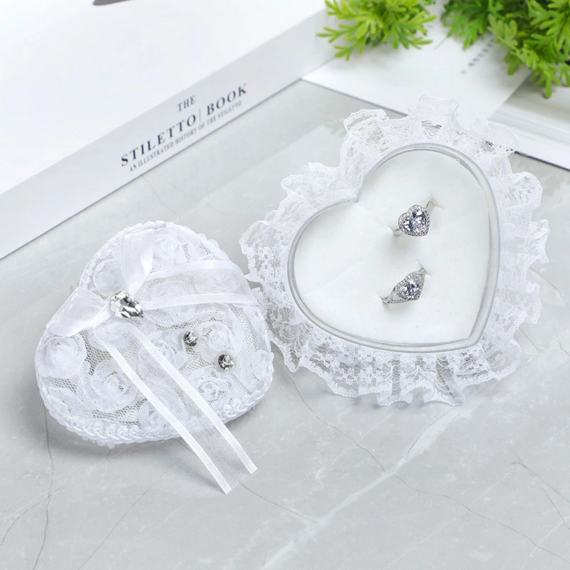 Ring Box Heart Wedding Lace Holder cuscino cerimonia cuscini portagioie scatole di forma bianca custodia con strass di perle proposta d\'amore