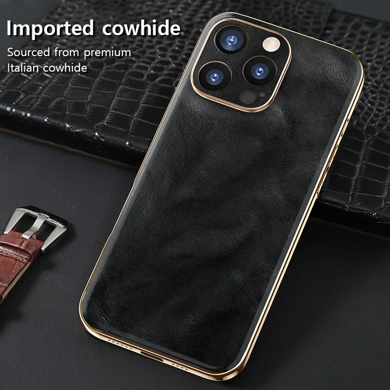 Genuine Oil Wax Leather Phone Case for iPhone 16 ProMax 15 14 13 12 11 Plus Luxury Soft Edges Shockproof Camera Protection Cover