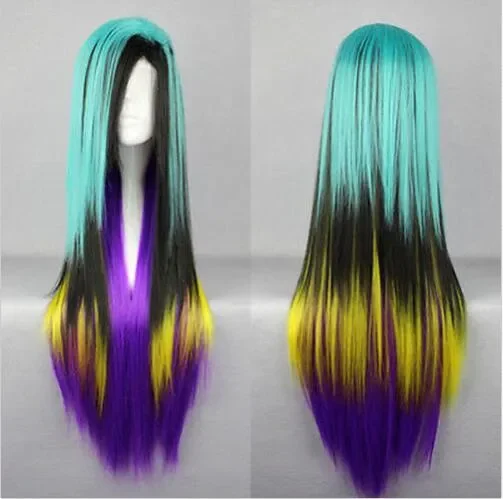 Peluca de pelo largo y liso Lolita, color azul, negro, amarillo y morado, envío gratis, gran oferta