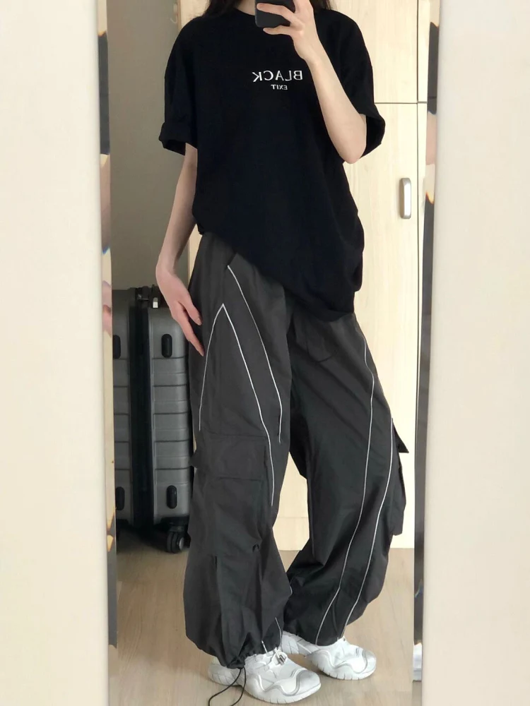 กางเกงทำงานทรงหลวมสไตล์อเมริกันย้อนยุค ลายทาง แห้งเร็ว สำหรับผู้หญิง ฤดูใบไม้ผลิ ฤดูใบไม้ร่วง รุ่นใหม่ ไซส์ใหญ่ ทรงขากว้าง สบายๆ