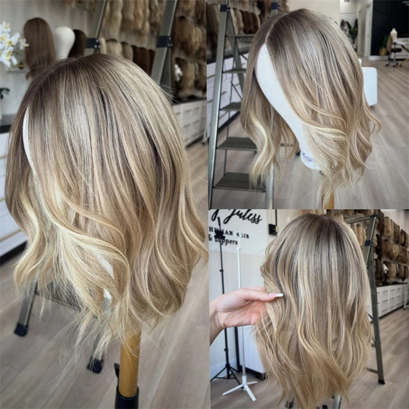 

13x4 Ombre Пепельно-русый парик Balayage на шнуровке для женщин Высококачественный синтетический парик Модный волнистый боб 14-дюймовый парик длиной до плеч