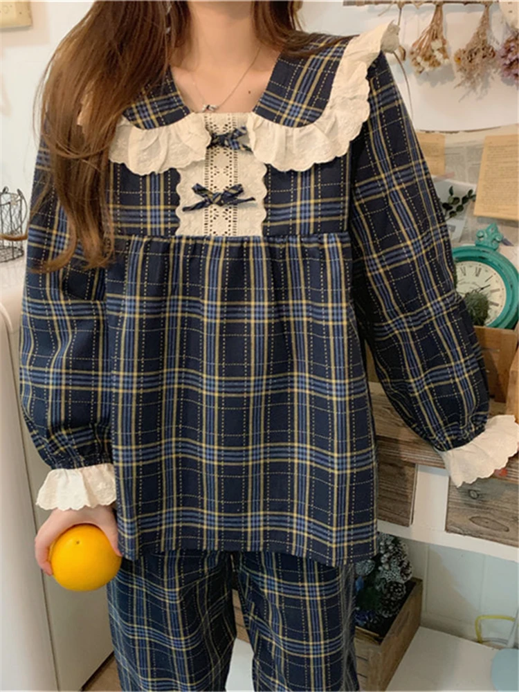 Alien Kitty 2022 Chic Plaid Sleepwear Patchwork Lace Geometric Long Sleeves Home Clothes Loose Casual Chic Women Sweet Pajamas