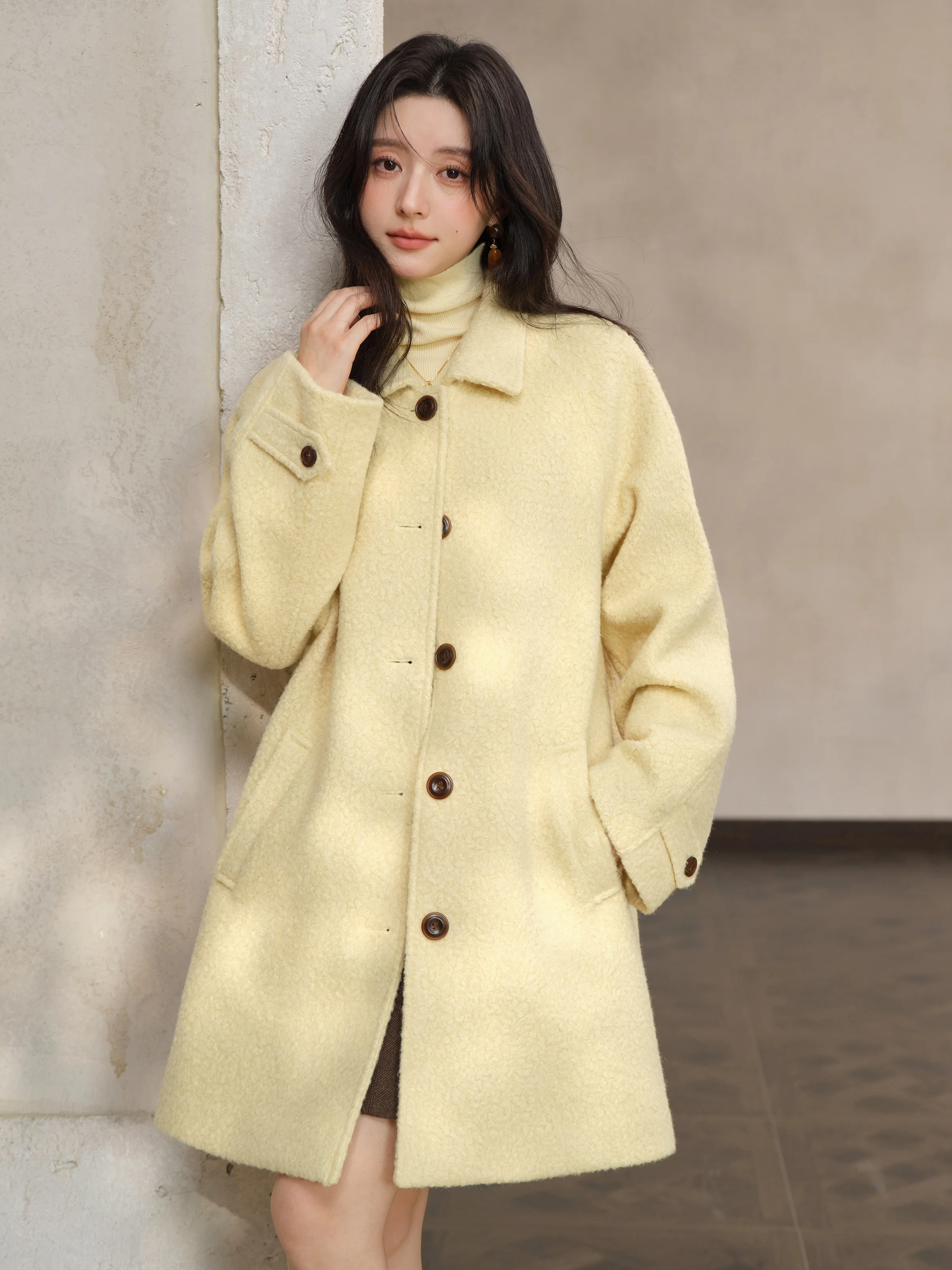 Abrigo tipo lana de un solo pecho para mujer, abrigo elegante de longitud media con solapa, ropa de abrigo cálida para invierno, ropa diaria de estilo clásico elegante