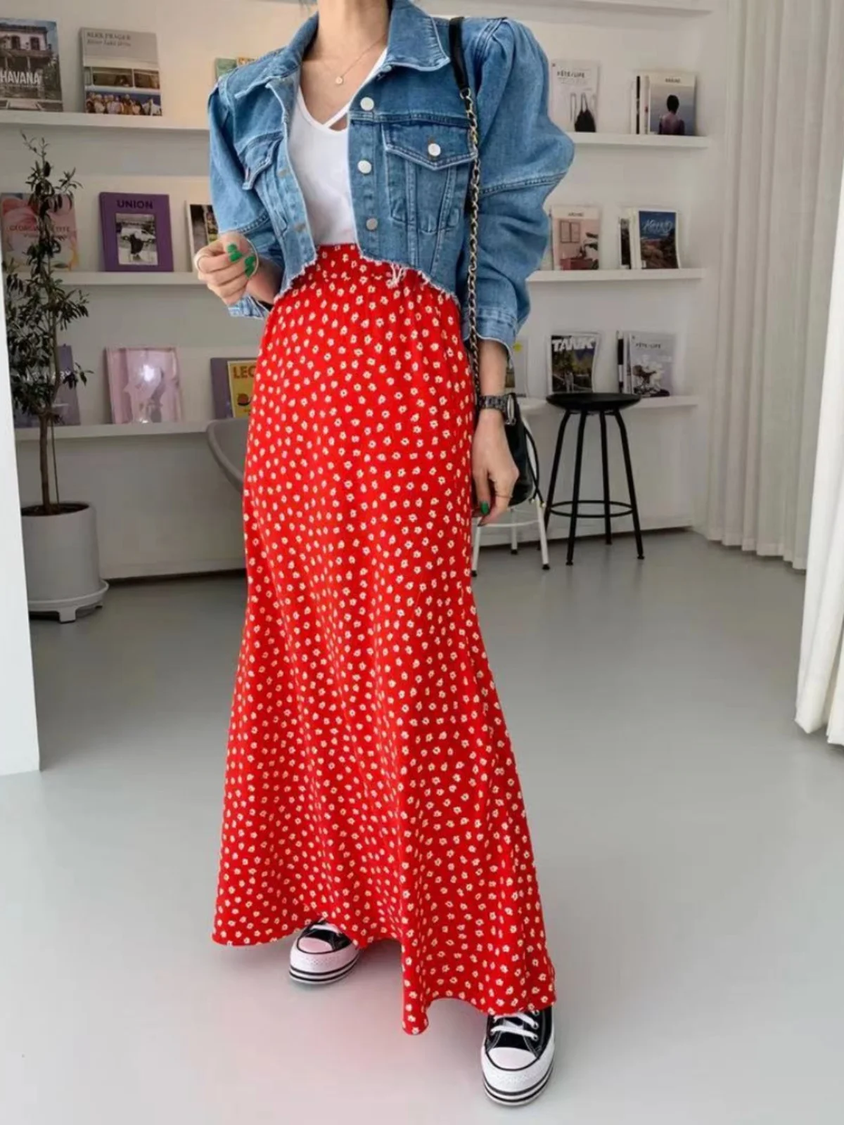 Floral Print f-length Skirt Women's Elastic Waist Loose Fit Thin Sle Age-reducing Versatile Wrap-around Hip Silhouette C...