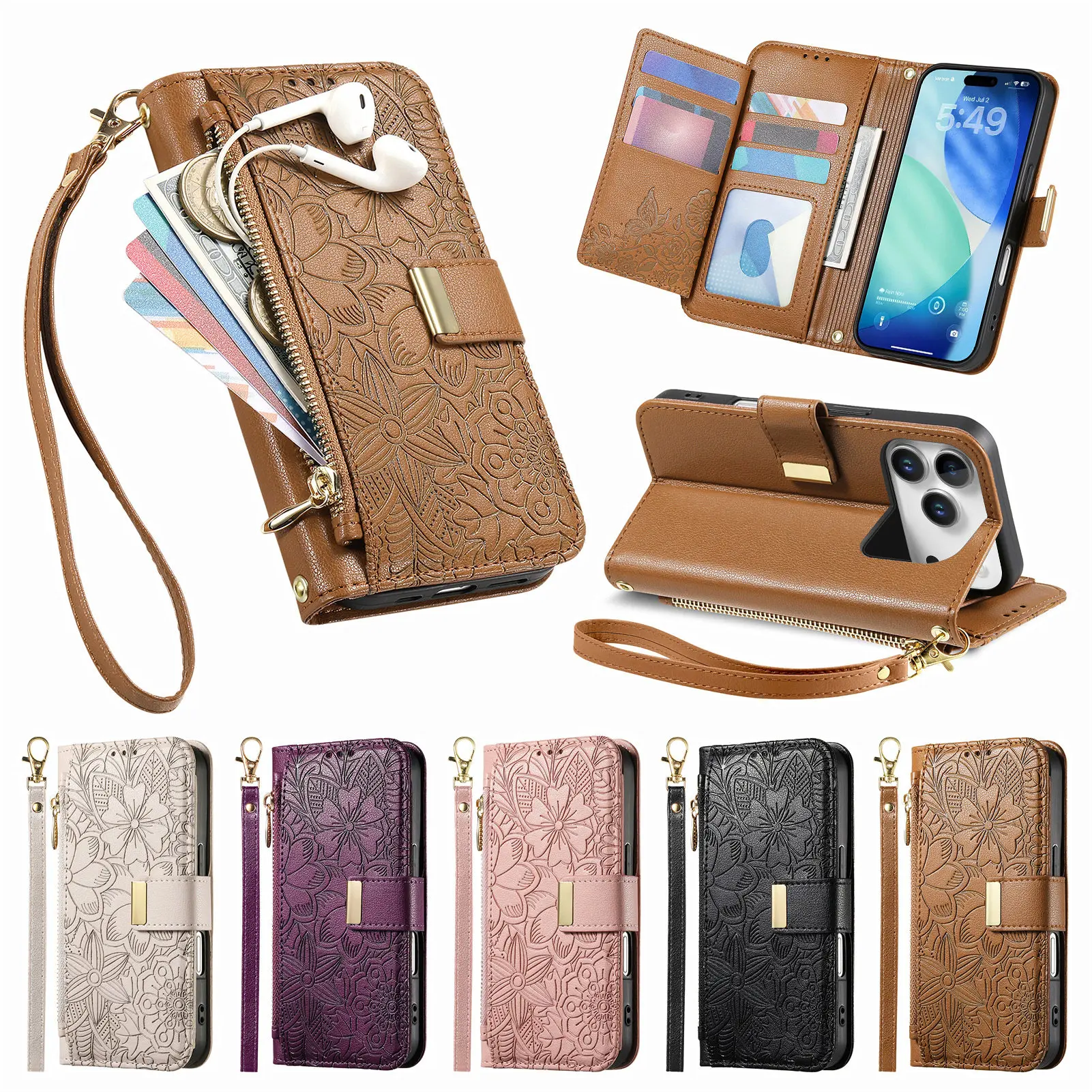 Luxuriöse Pu-Leder-Handyhülle für iPhone 16 17 Pro Max 15 Plus 14, stoßfeste Abdeckung, Zubehör, Reißverschluss, Geldbörse, Kartenhalter, Handtasche