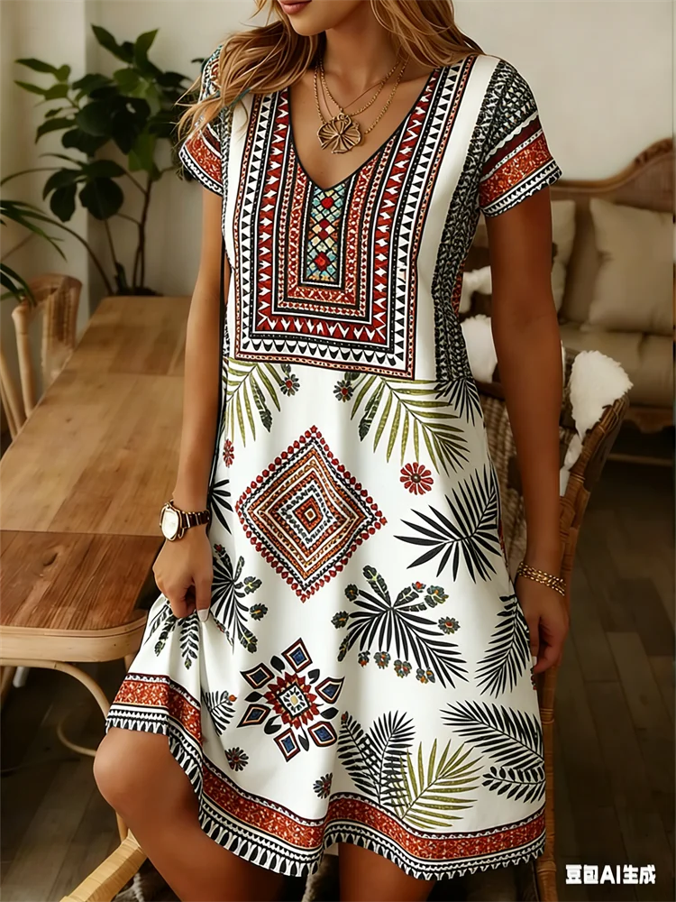 Ethnic Style Women Dress Summer V-Neck Print Fashion Plus Size Printing Pullover Loose Short Sleeve Midi Dress 6XL Clothing 2026