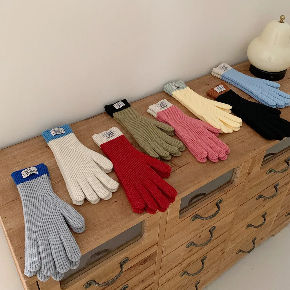 Autumn Winter Knitted Warm Gloves For Women Students Cute Patchwork Touch Screen Gloves Girls Outdoor Riding Skiing Gloves New
