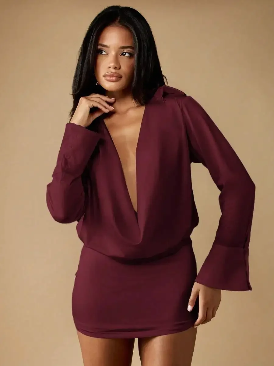 

Deep V Neck Cowl Front Mini Shirt Dress Long Bell Sleeves Button Down Collar