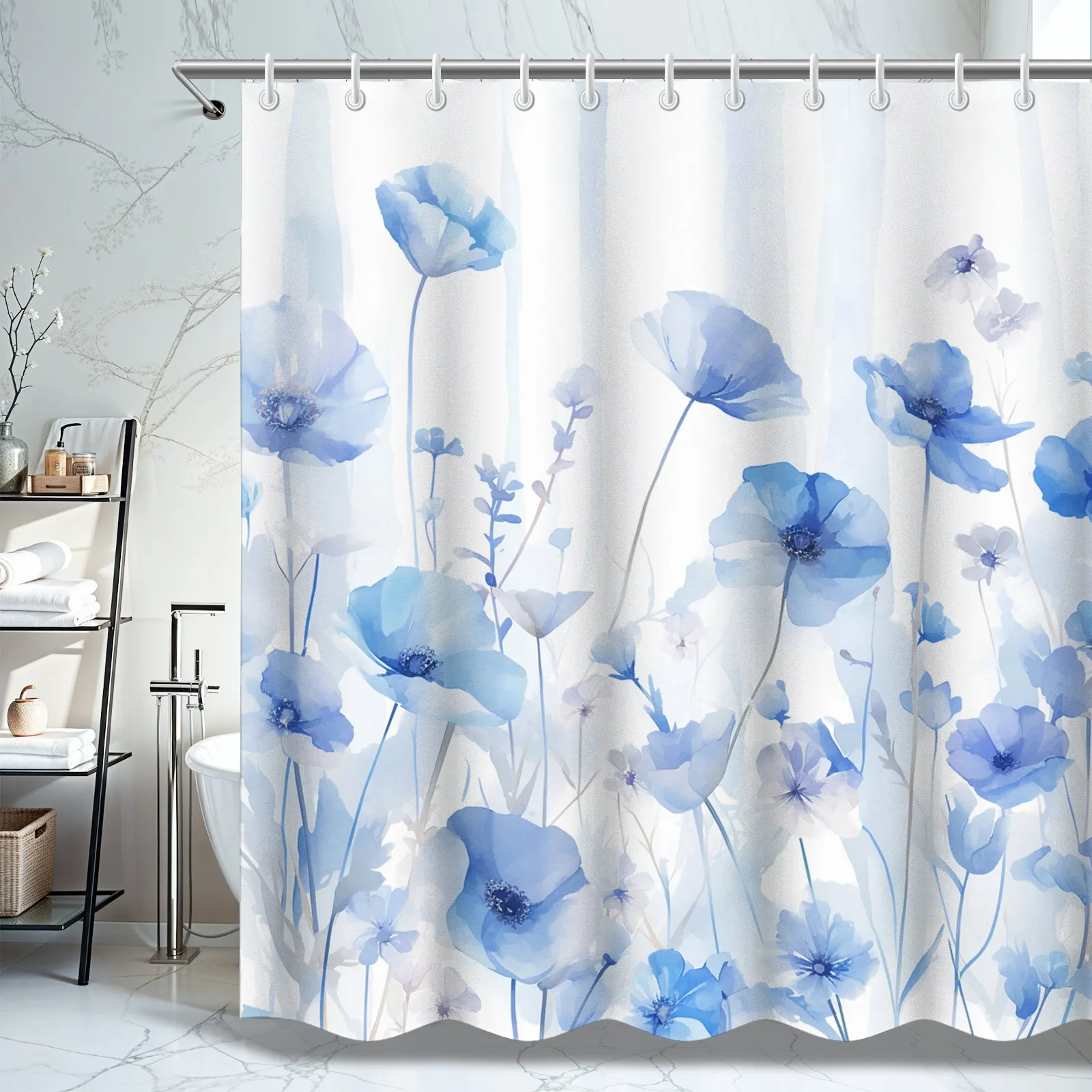 

Blue Floral PEVA Shower Curtain - Thickened, Non-Hole Design, Easy Install, Includes 12 Hooks, Elegant Bathroom Decor