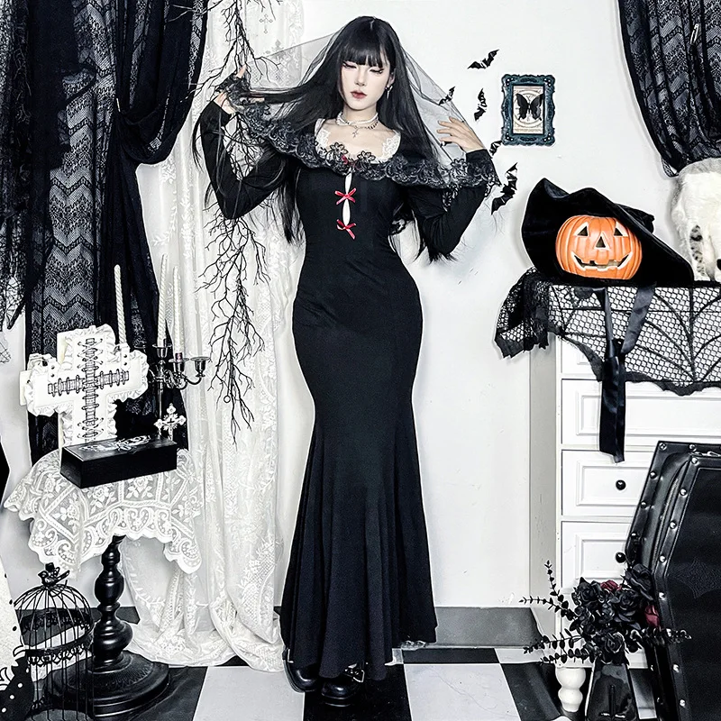 You're My SecExamen-Robe gothique à manches longues et col carré pour femme, t-shirts en queue de poisson, robe de batterie con, costume d'Halloween, patchwork, nouveau