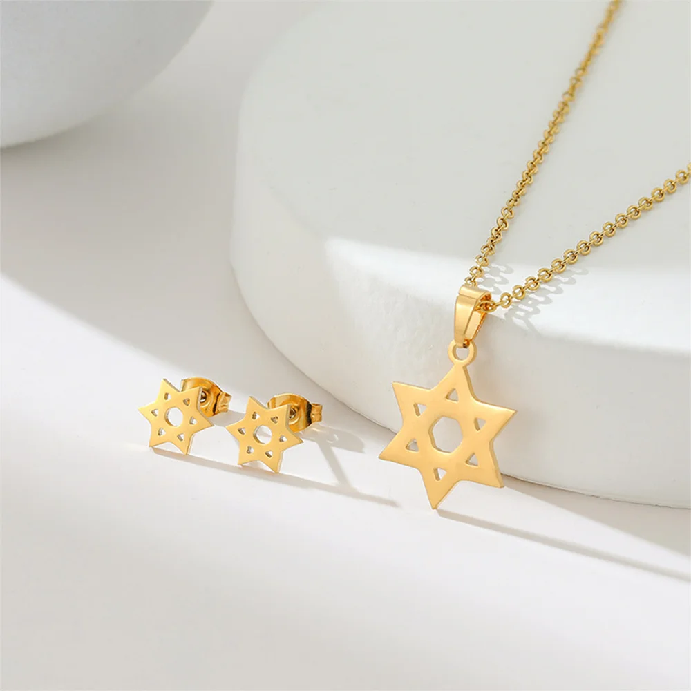 Small Star of David Pendant Gold Color Stainless Steel Hexagram Amulet Necklace Earrings Sets for Women Jewish Jewelry Gift