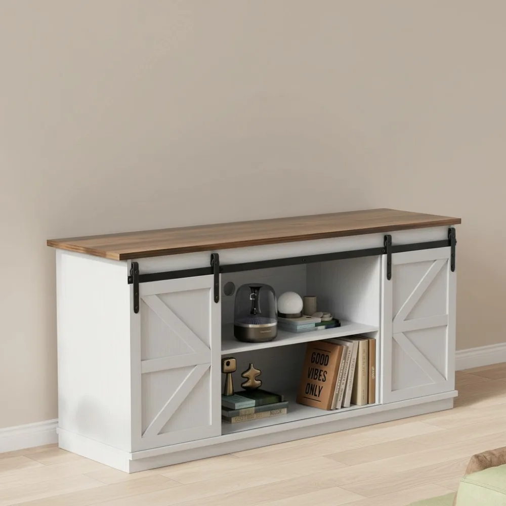 حامل تلفزيون المزرعة لأجهزة التلفاز مقاس 65 بوصة، وأبواب الحظيرة المنزلقة، وخزائن التخزين، وطاولة وحدة التحكم لغرفة المعيشة، مقاس 58 بوصة، أبيض حليبي