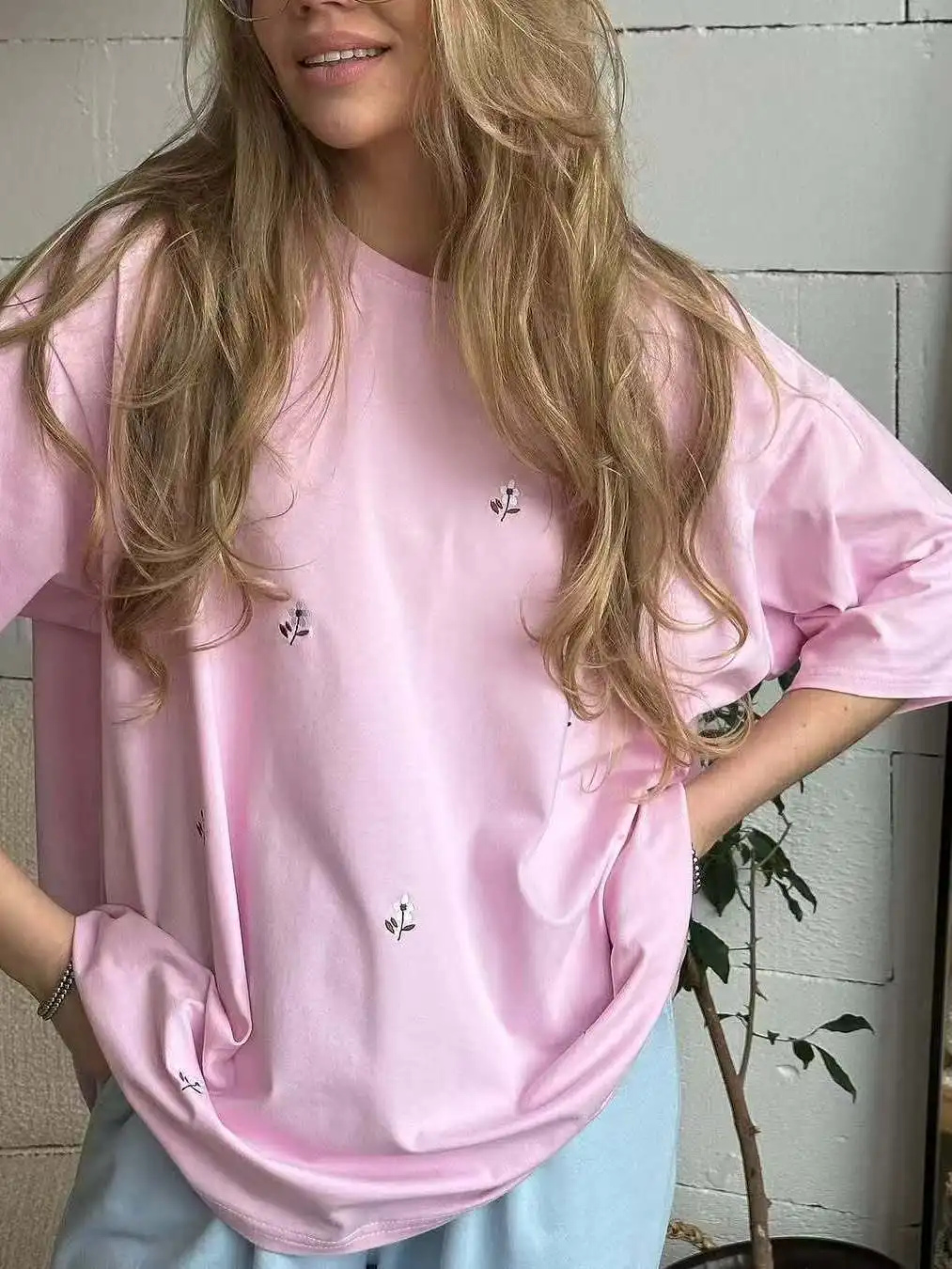 

Pink Tees Cotton Short-sleeved Casual Loose Printed T-shirt Women Oversized T Shirt