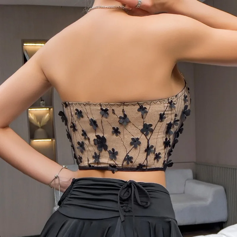 Abrini Y2K Sexy​ Backless Strapless Crop Top Fishbone Embroidery Lace Floral Sheer Vest 2024 Summer Trendy Fashion Retro Clothes