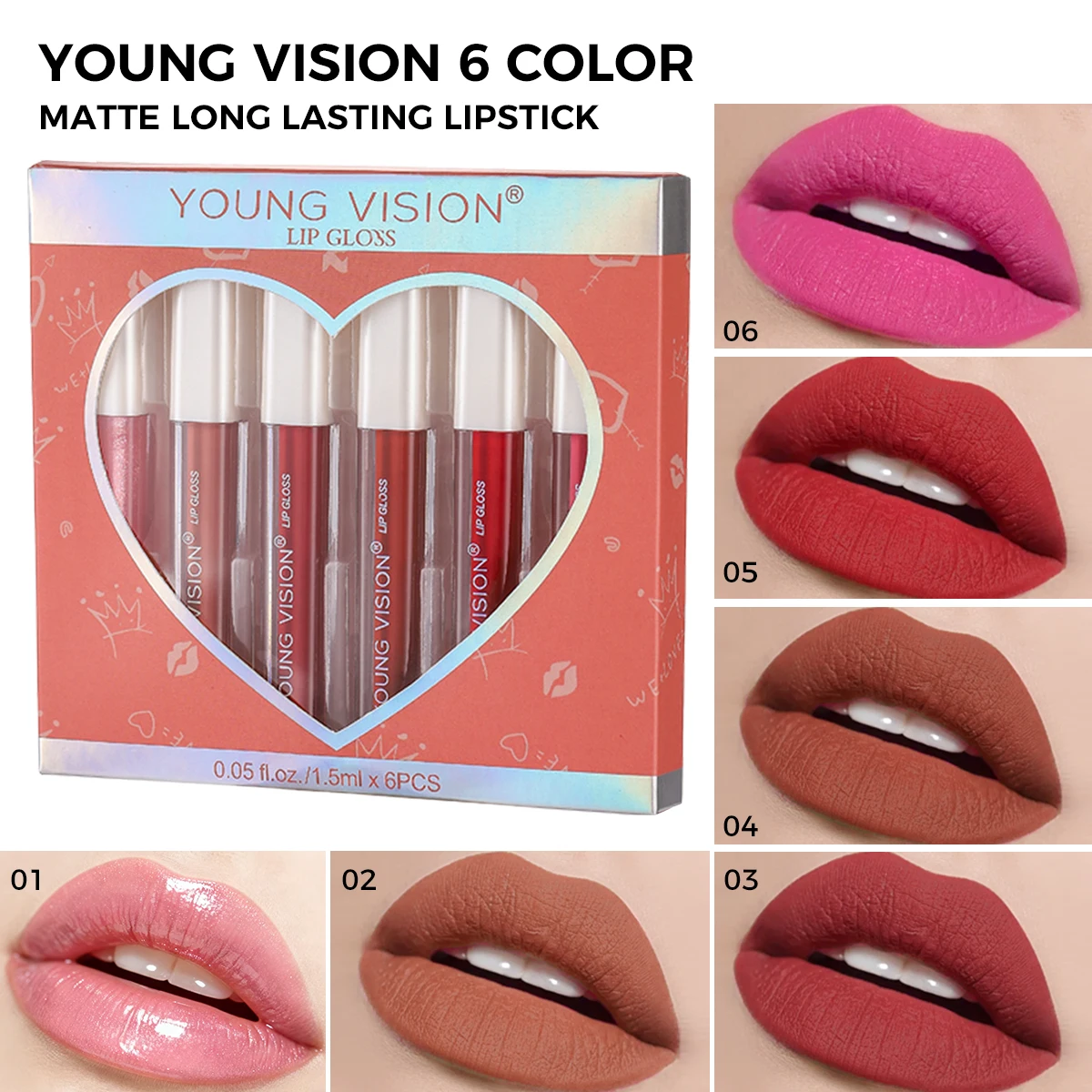 6-teiliges mattes Lipgloss-Set, 1 Stück Lippenaufhellungs-Lipgloss + 5 Stück flüssiger Lippenstift, wasserdicht und langlebig