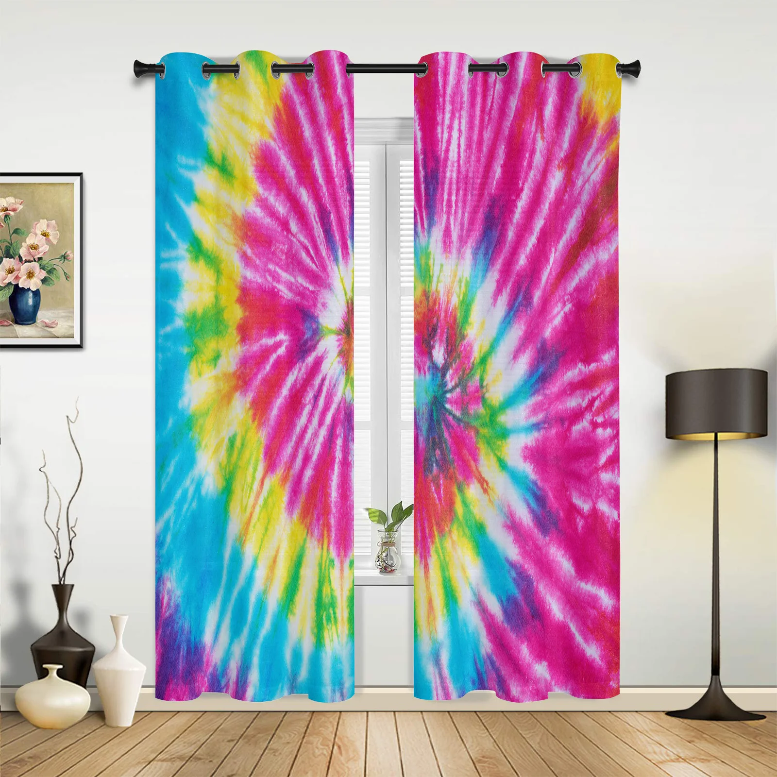 Rainbow Tie Dye Colorful Ethnic Style Window Curtains for Bedroom Living Room Decoration  Left and Right Biparting Open Drapes