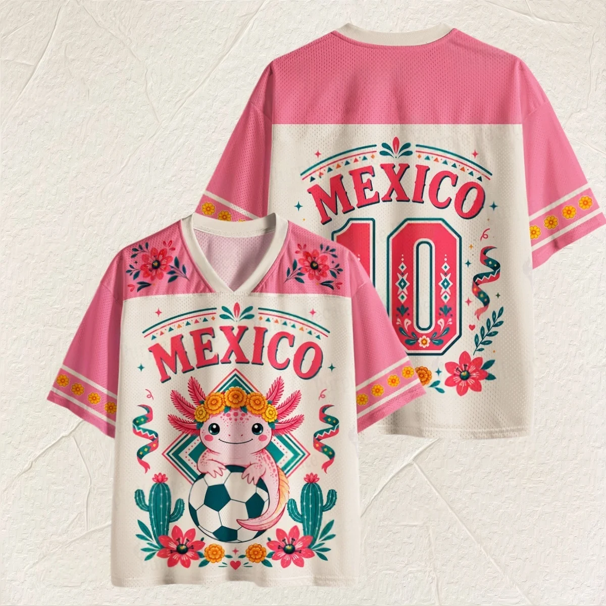 Kids Mexico Axolotl Nr. 10 Fußballtrikot mit Blumenmuster und Kaktus-Motiv, V-Ausschnitt, für Mädchen und Jungen, schnell trocknend, atmungsaktiv, kurzärmelig – Detail 2