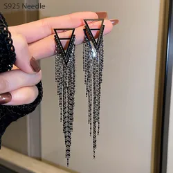 Silver Needle Long Dangle Drop Earrings Women Jewelry Black Triangular Punk Rock Female Earrings