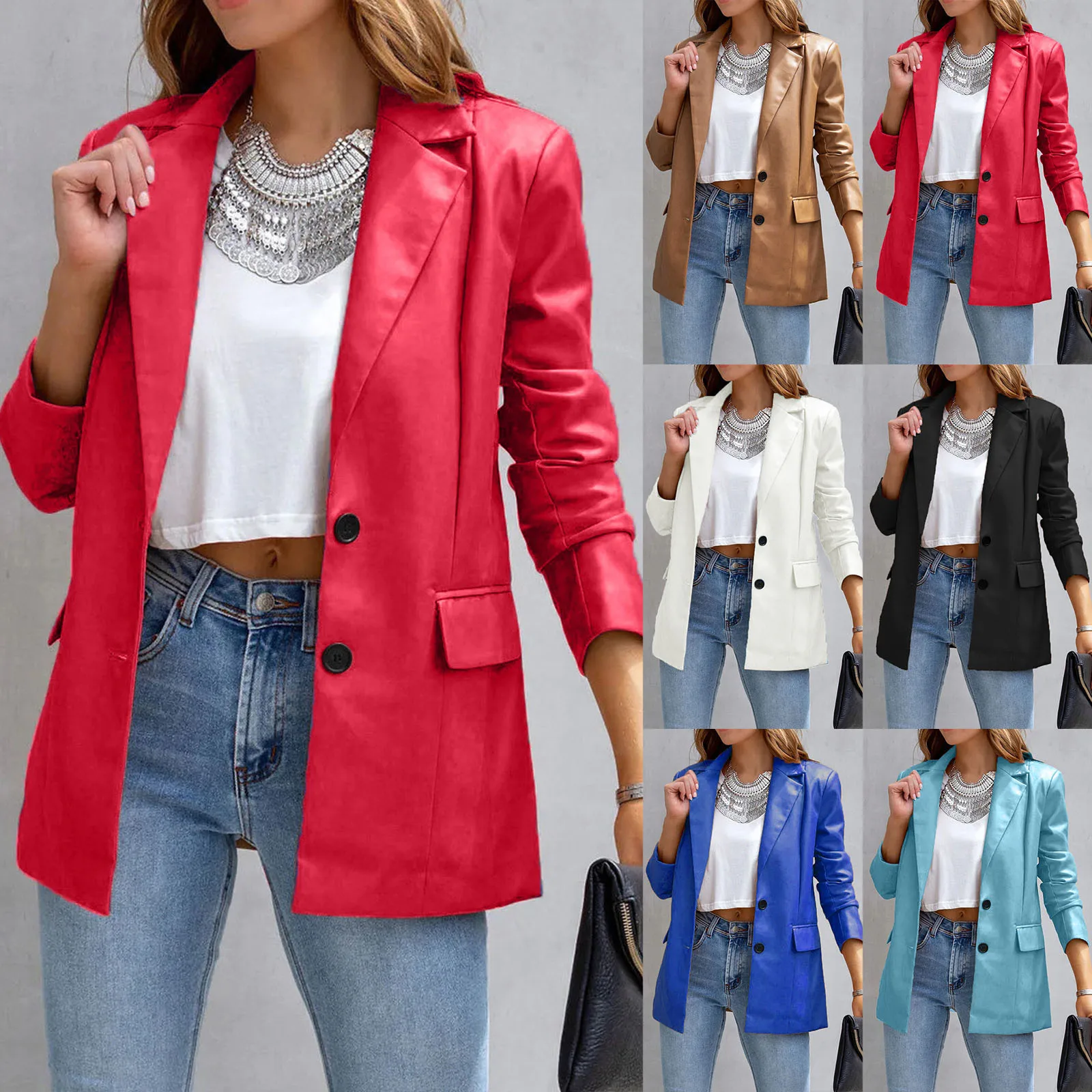 Women\'s Blazers Coats Tunic Leather Lapel Spring Autumn Chic Loose Fashion Lady Vintage Elegant Jacket Daily Wear Streetwear