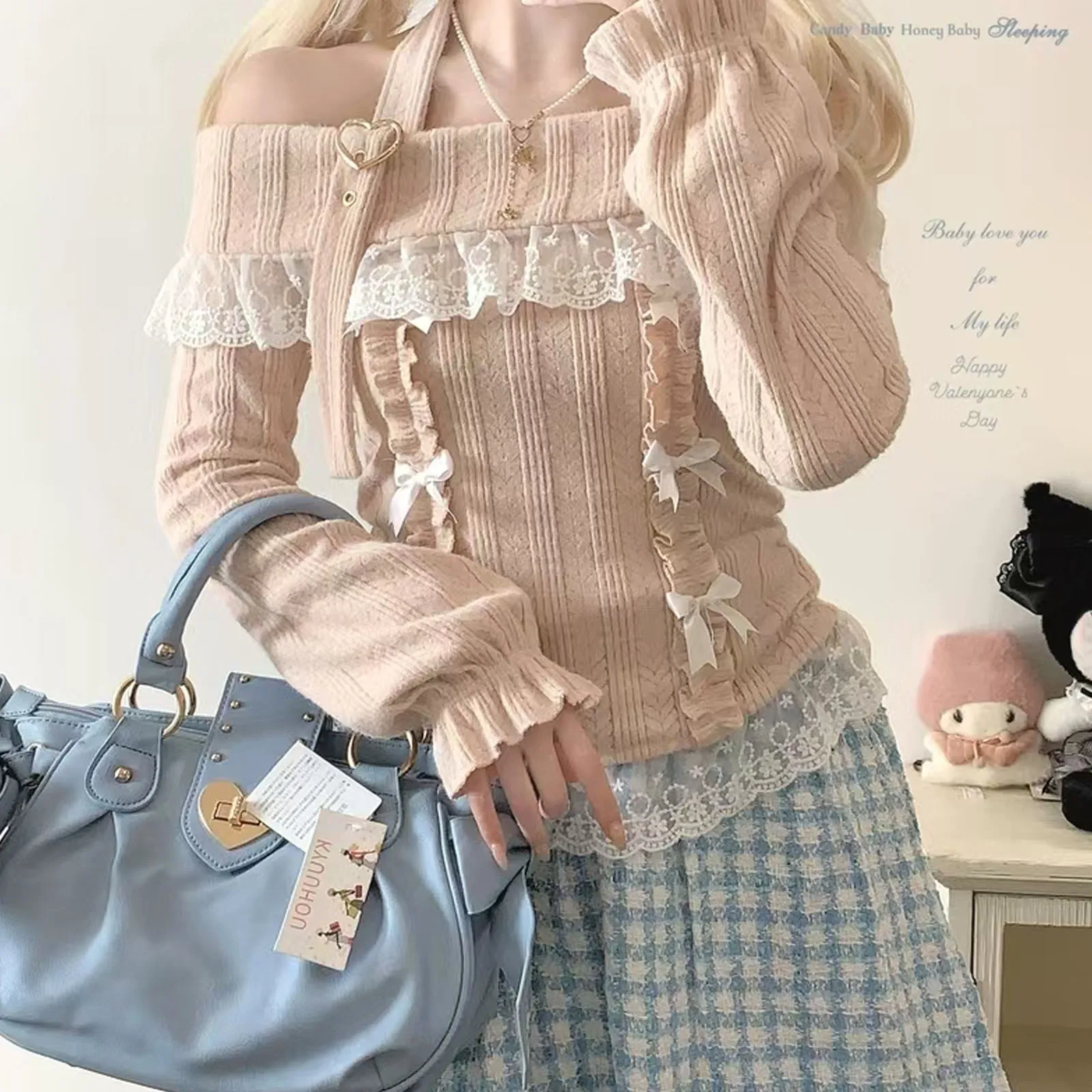 

Vintage Sweet Lolita Style Knitted Pullover Autumn Girls Cute Halter Slash Neck Lace Ruffles Bow Sweater Women Harajuku Knitwear