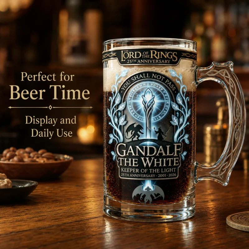 Jarra de Cerveza del 25.º Aniversario de El Señor de los Anillos, Gandalf el Blanco, con la Frase "No Pasarás", Jarra de Vidrio Temática, Artículo Coleccionable para Fans de LOTR