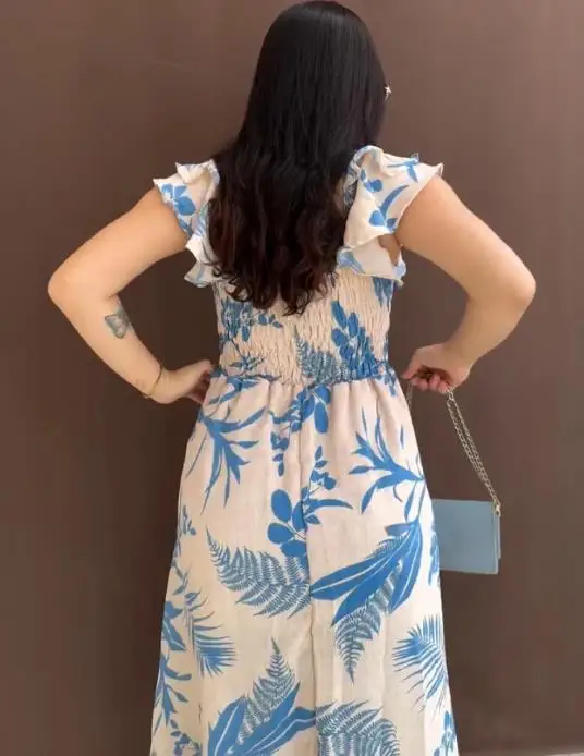 

Summer Square Collar Casual Plant Print Ruffled Shoulder Strap Design High Waisted Dress for Women Elegant A-Line Backless Dress