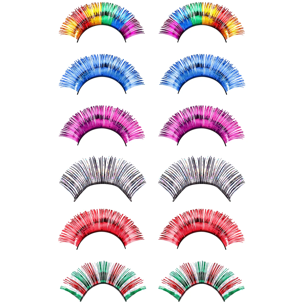 FRCOLOR 6 Paar künstliche Wimpern aus bunter Folie für Kosmetika, verschiedene Wimpernverlängerungen, Partyzubehör (grün, rot, silberfarben).