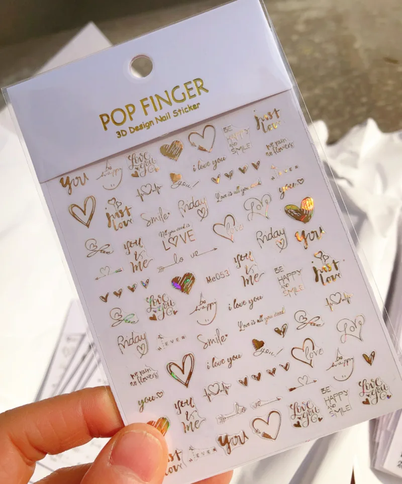 Pegatinas de uñas 3D abstractas con letras de amor, deslizador de uñas, decoración de Arte de uñas, pegatina de bronceado láser, prensa de
