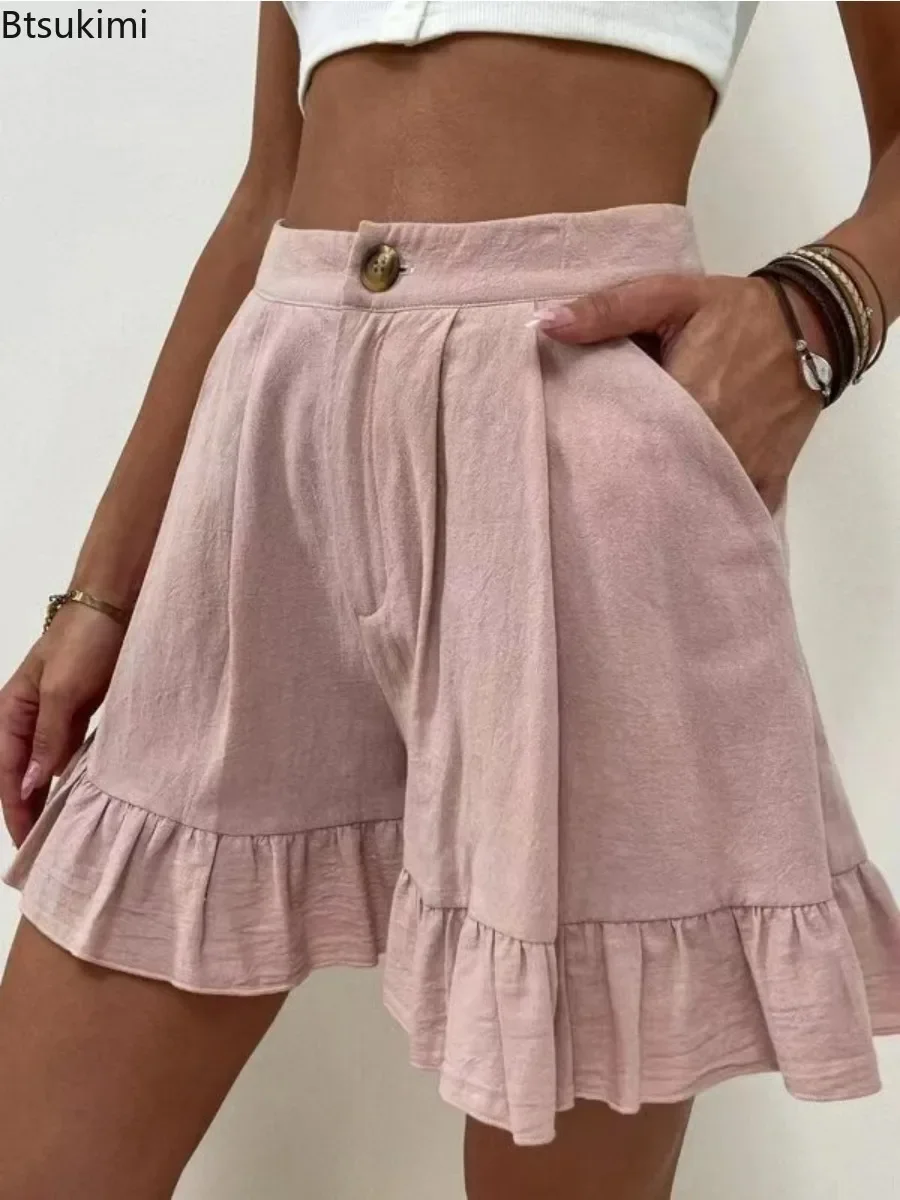 2024 Women\'s Summer Casual Shorts Solid Loose Fitting Wide Leg Shorts With A Line Ruffle Trim Cotton Linen Soft Shorts Female