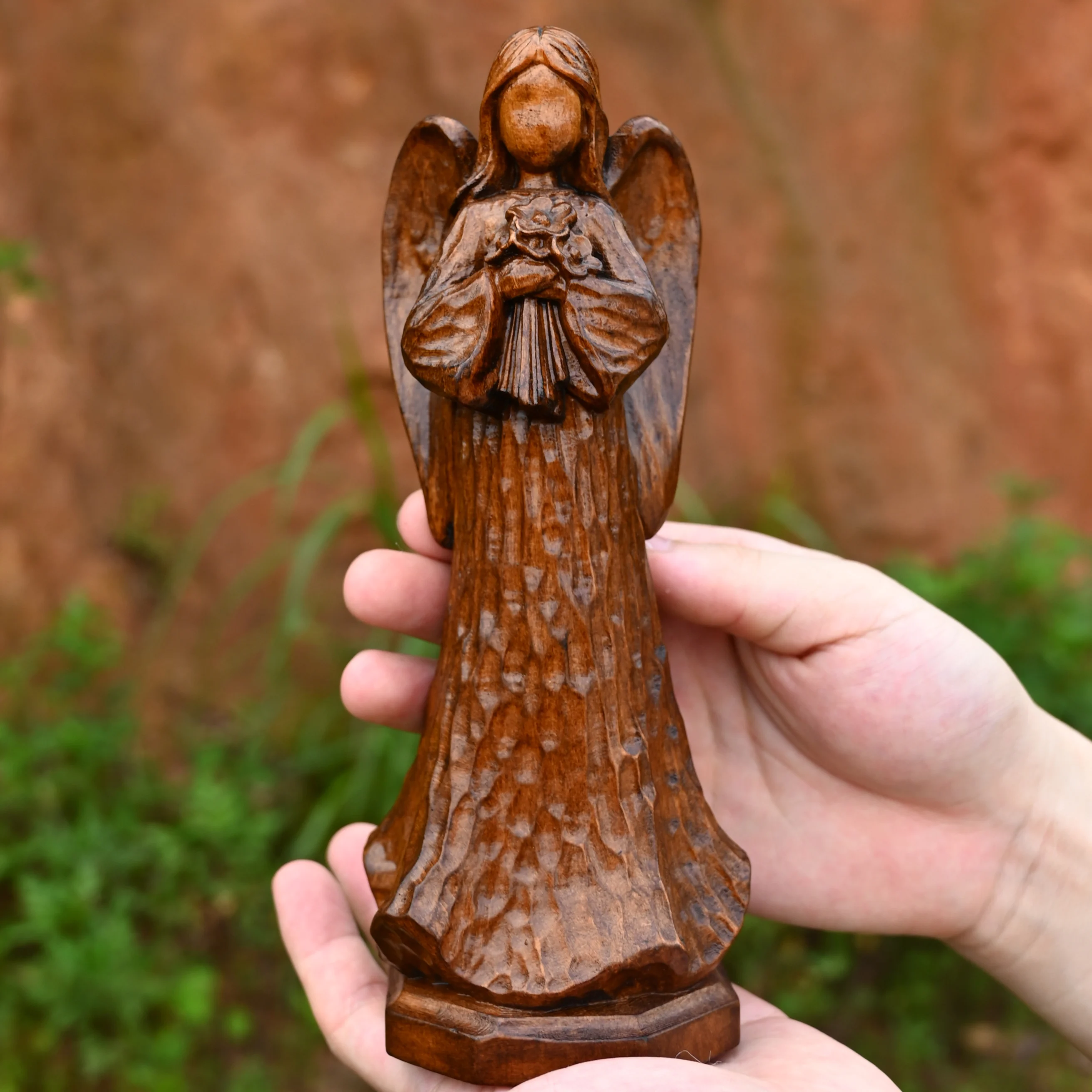 Hand Carved Solid Wood Angel with Flowers Figurine Desktop Ornament for Home, Chapel & Religious Decor