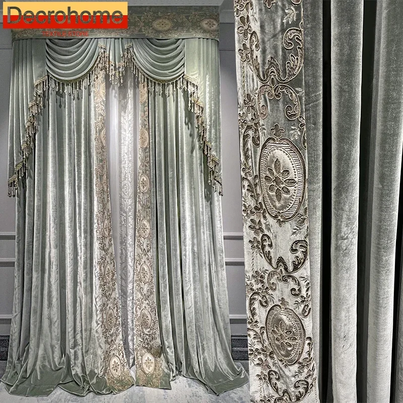 

Court Romantic Style Grey Green Velvet Embroidered Curtains for Bedroom Living Room High Window French Window Villa Custom