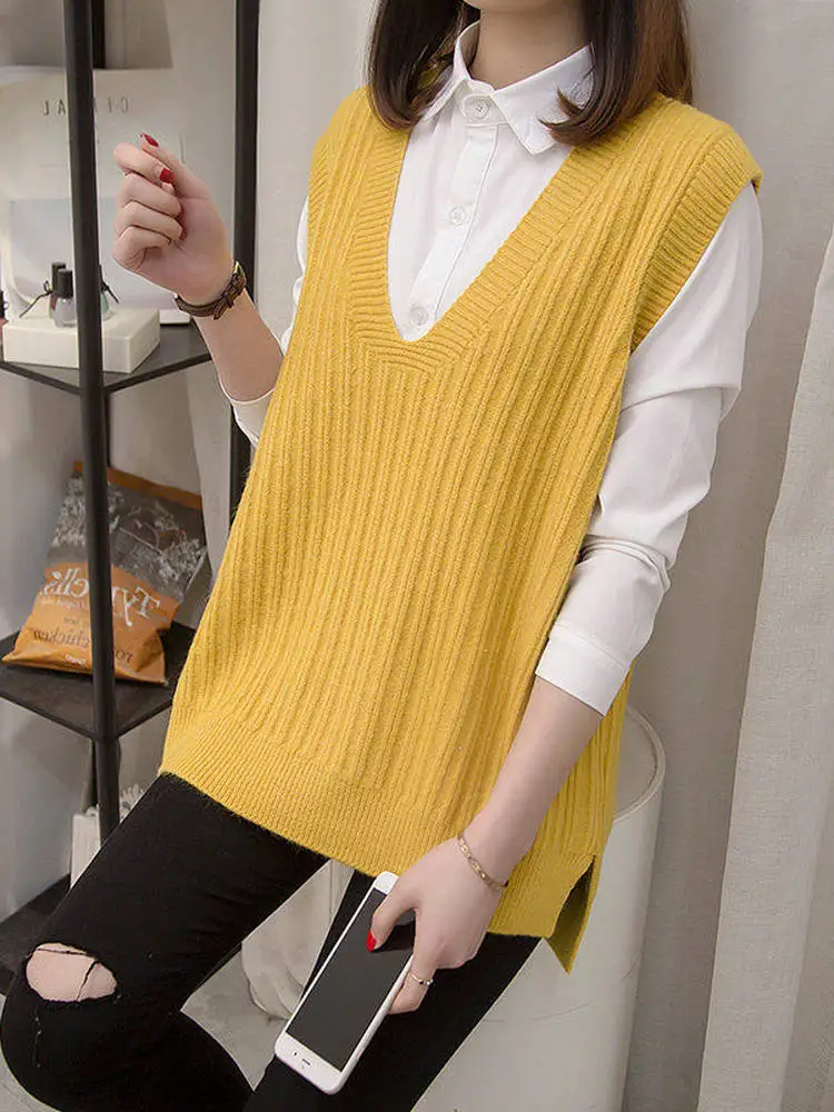 

Женский вязаный свитер, жилет с v-образным вырезом, свободный крой, весна-осень, новый корейский вариант, универсальный шерстяной топ с плечами