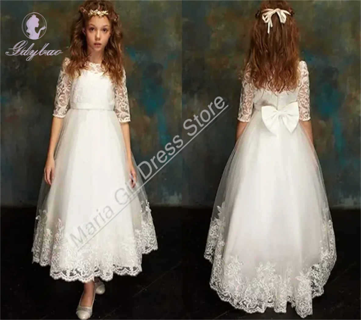 Ivory Lace Appliqué Flower Girl Dress With Fluffy Half-Sleeves Princess Design For Birthday Pageant Baptism Events