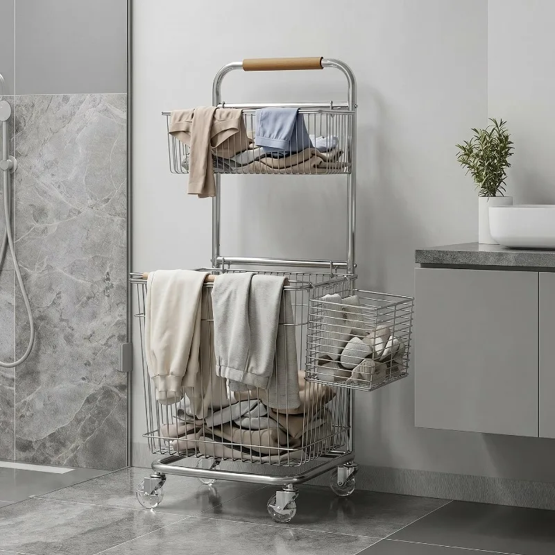 Stainless steel bathroom toilet rack, removable universal wheel laundry basket, laundry basket storage basket