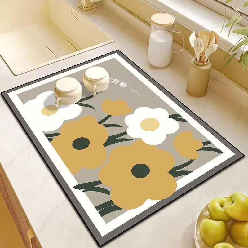 Tulip Print Absorbent Kitchen Mat Quick Dry Dish Drying Pad