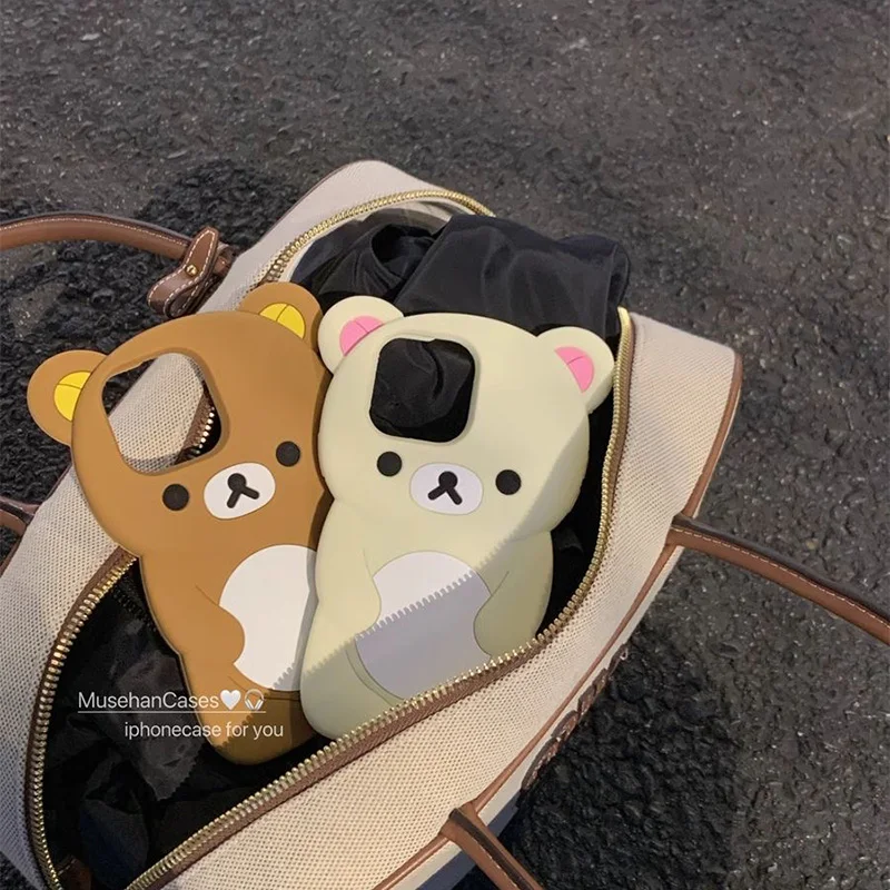 Couple Rilakkuma Bear 3D Cartoon Case for iPhone 16 Pro Max 15 14 Plus 13 Mini 12 Pro 11 X XS XR 7 8 SE Silicon Back Phone Cover