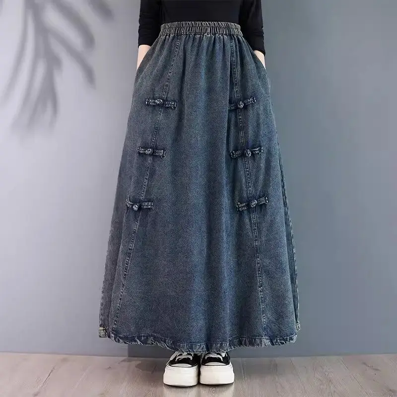 Retro Denim Skirt For Women Autumn High Waist Patchwork Solid Color Versatile Big Size Buckle A Line Long Skirt Saia Jeans K2186