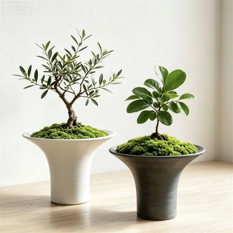 Image of ﻿ Weiß-Schwarzer Hornförmiger Keramik-Bonsai-Topf Ausgestellte Form Pflanzgefäß für Innenräume Desktop Sukkulenten Moos Blumentopf