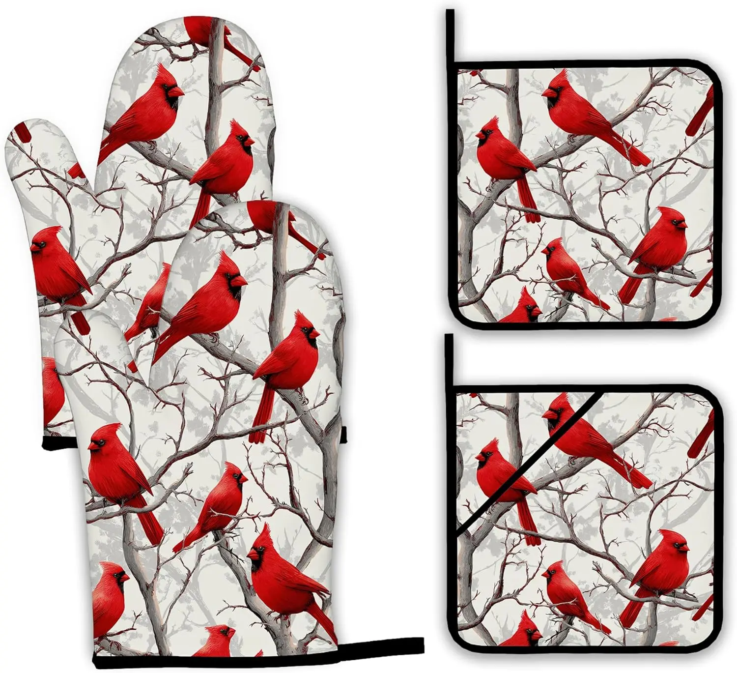 

Red Cardinal Oven Mitts and Pot Holders Set,Christmas Winter Kitchen Oven Gloves and Pot Holder with Heat Resistant Non Slip