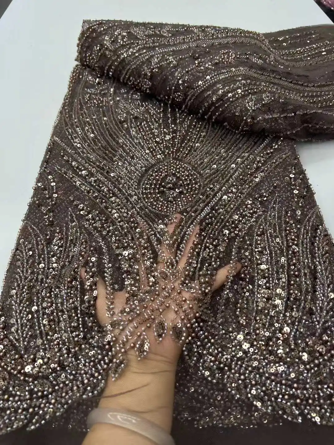 Fashion Elegant French Embroidery Beaded Lace Fabric African Nigerian With Sequins Fabric For Wedding Party Dress Sewing