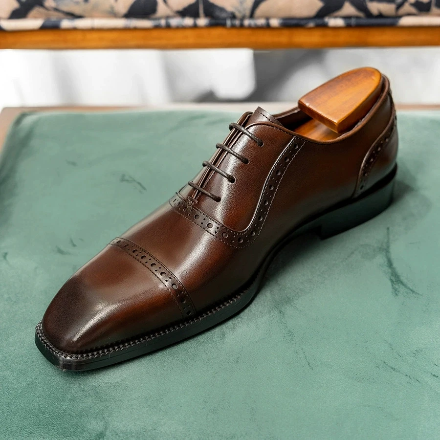 Luxury Italian Mens Wedding Dress Shoes Genuine Leather Handmade Brogue Wingtip Oxford Shoes Black Coffee Formal Shoes for Men