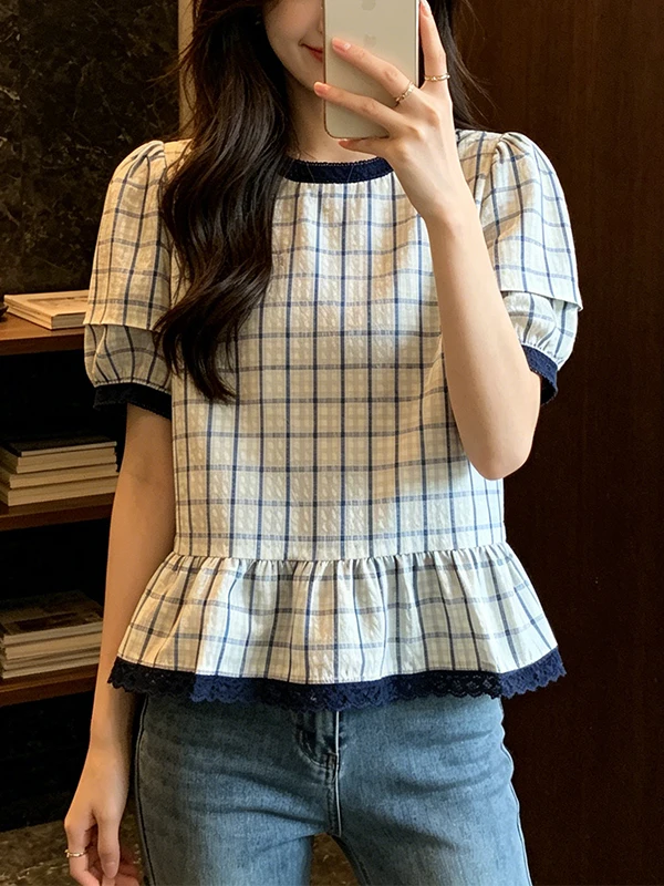 

plus Size Shirt Women's Summer Loose Tummy Covering Beautiful Plaid Short Sleeve Bubble Sleeve round Neck Casual Top