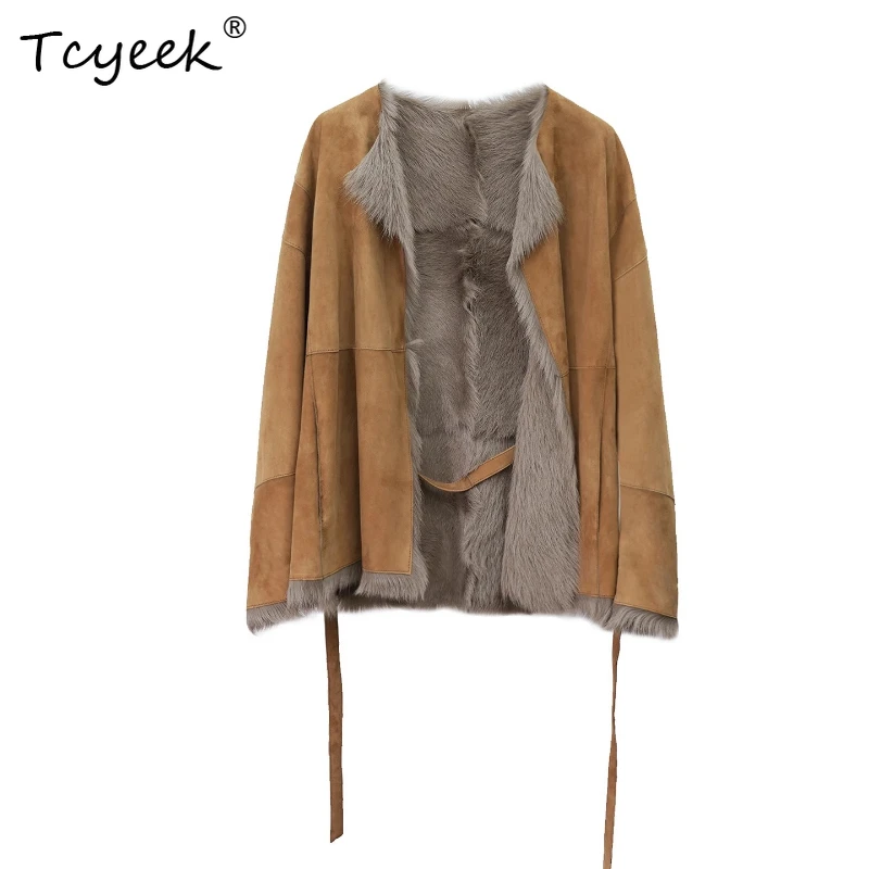 

Tcyeek Genuine Wool Autumn Winter High End Trendy Round Neck Solid Color Women's Lamb Wool Shearling Fur Coat Fourrures Femme