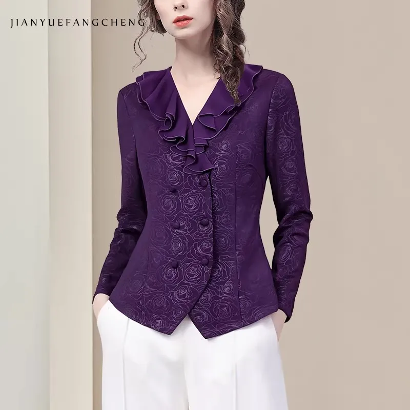 

Женская блузка осень 2025 с длинным рукавом, V-образным вырезом, фиолетовая, с тиснением, с оборками, приталенная, стильный топ