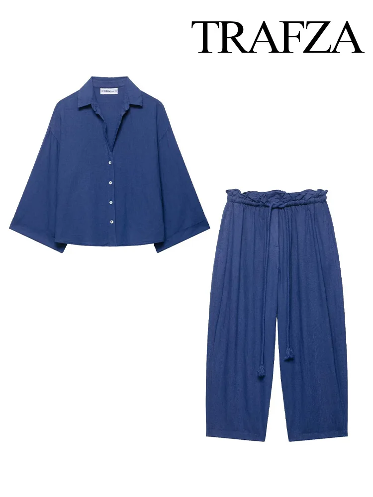 

TRAFZA Women Fashion Lapel Pocket Long Sleeve Single-Breasted Shirt+High Waist Drawstring Slim Pocket Pants Solid 2-Piece Set