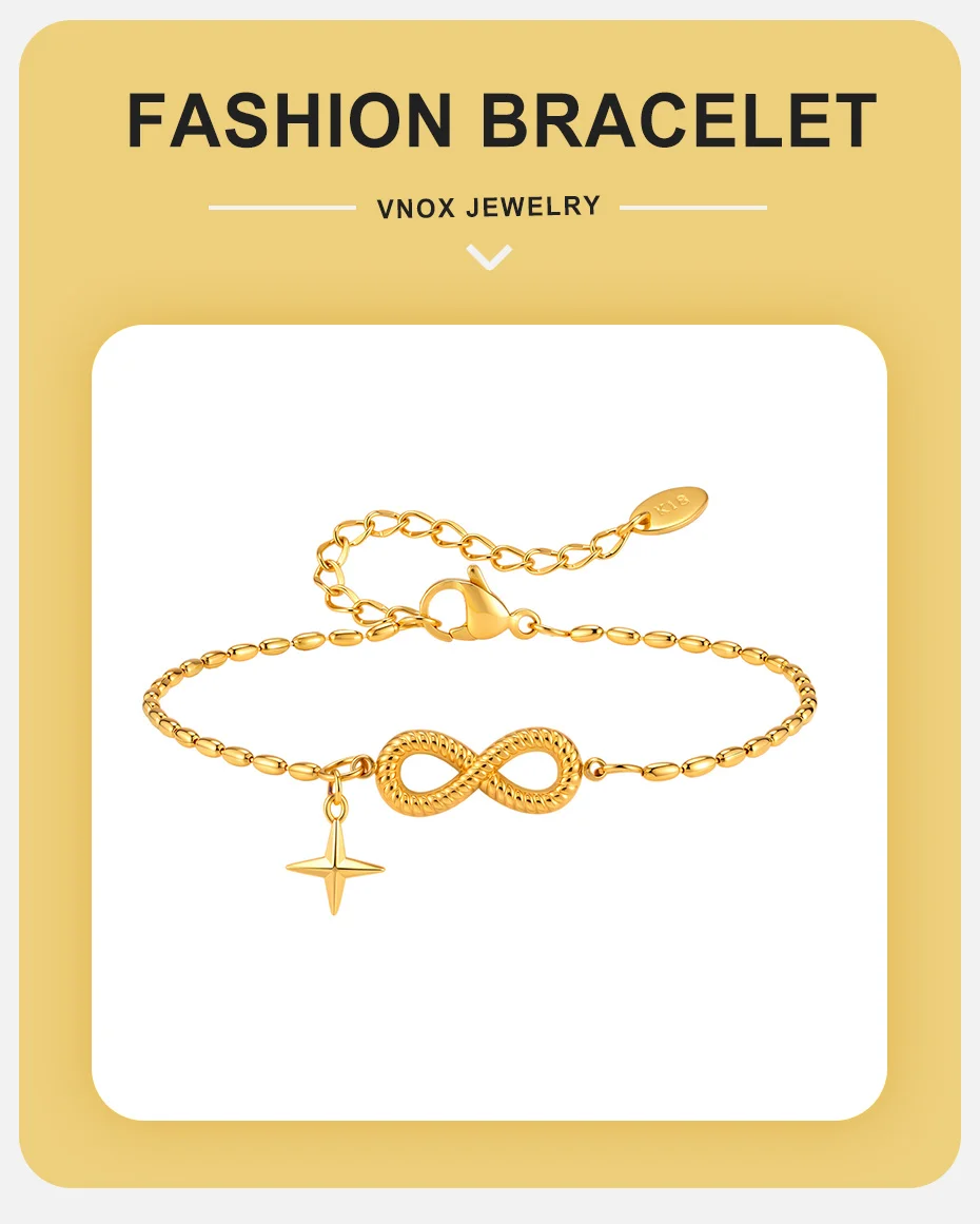 Vnox Edelstahl-Armband mit Liebes-Infinity-Vierstrahl-Stern-Anhänger für Damen, vergoldeter Stern-Charm, zierliches Kettenarmband, Schmuckgeschenk – Detail 1