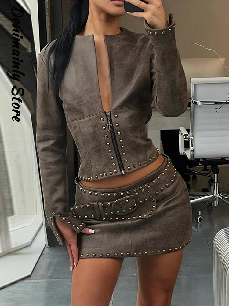 Fashion Studded Trim Cropped Zip-Up Jacket Skirt Set Women Slim Short Jacket Mini Skirts 2026 Spring Lady Chic Street Outfit New view 4