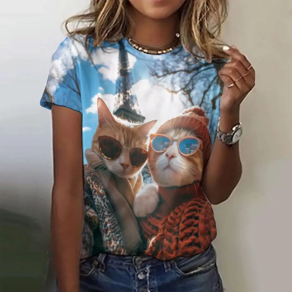 3D Cat Print Fashion Paris Women's T-shirts Handsome Cat Pattern Short Sleeves Tees Tops Pullover Loose Funny Female Clothing