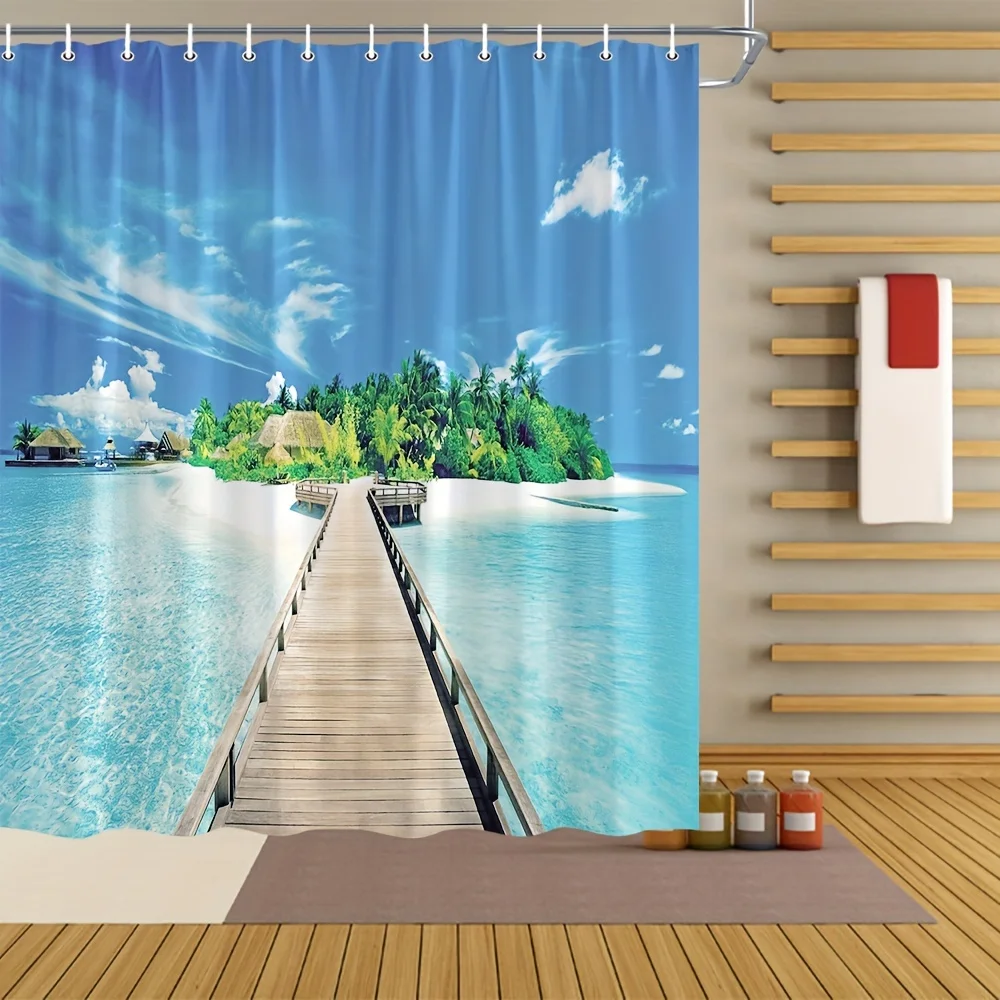Beach Shower Curtain Tropical Island Ocean View Waterproof Fabric Bathroom Curtains with Hooks Seascape Home Decor