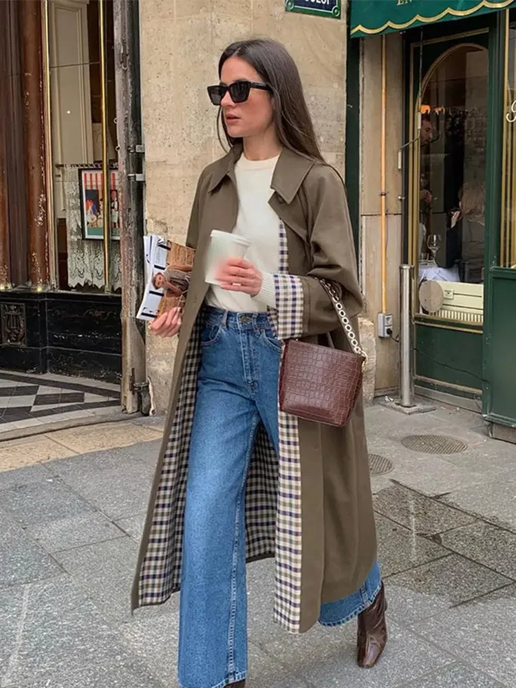 Gabardina larga de manga larga para mujer, cortavientos con solapa de un solo pecho y forro a cuadros, abrigo elegante de calle alta, Otoño, 2024